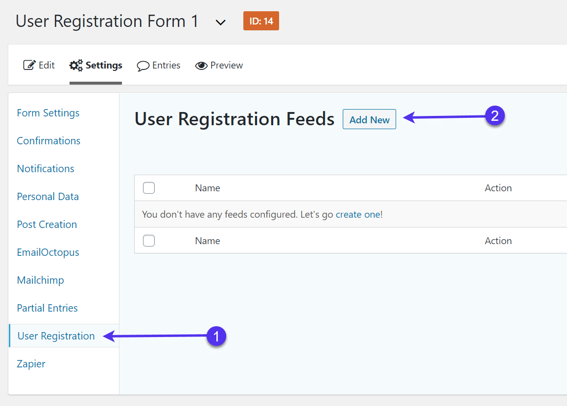 Adicionando um novo feed de registro de usuário