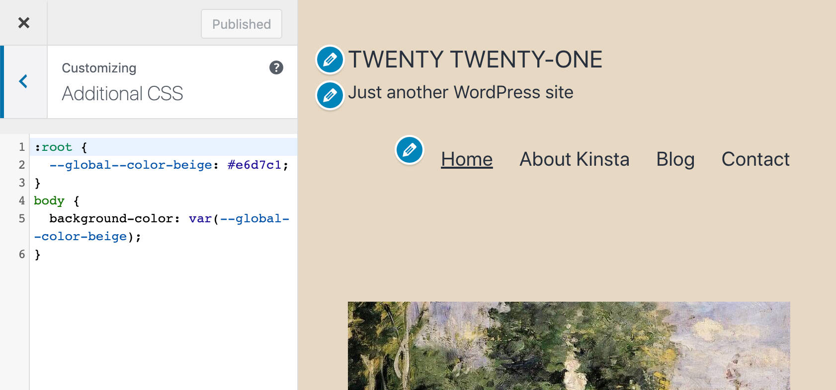 Anpassad CSS i Twenty Twenty-One Customizer