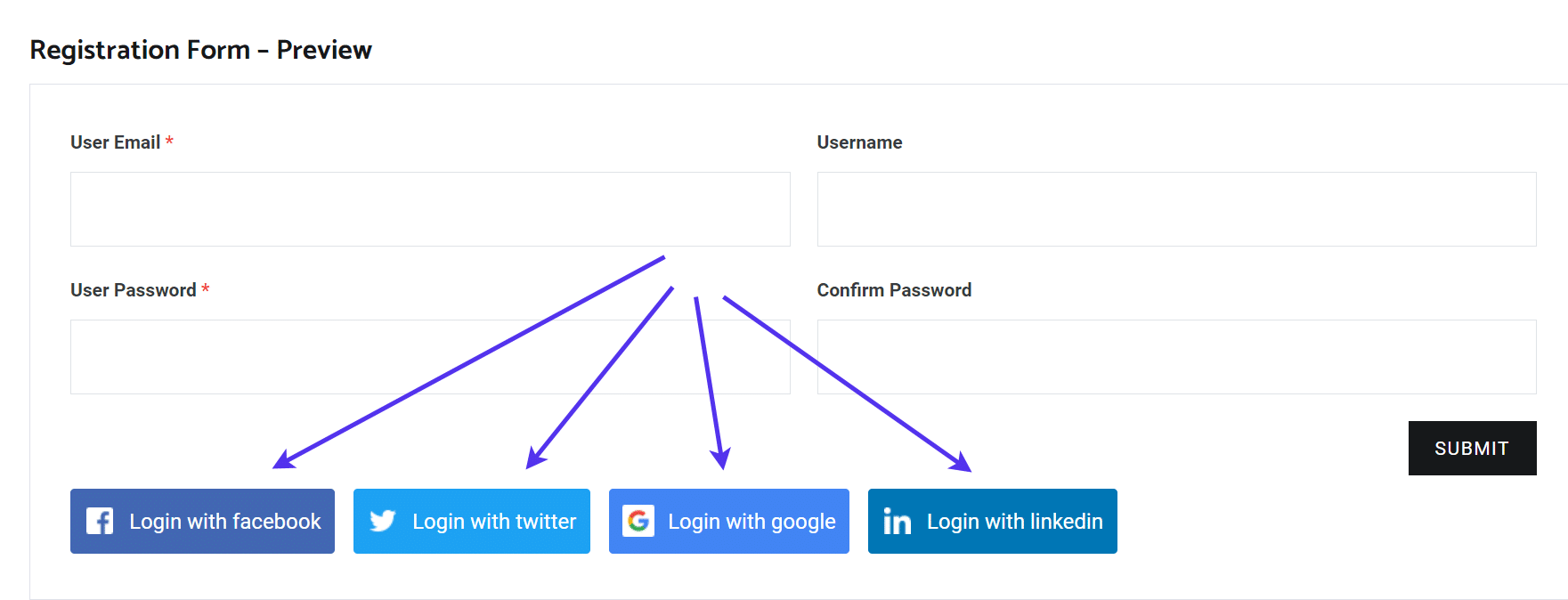 Vorschau sozialer Buttons für die Anmeldung