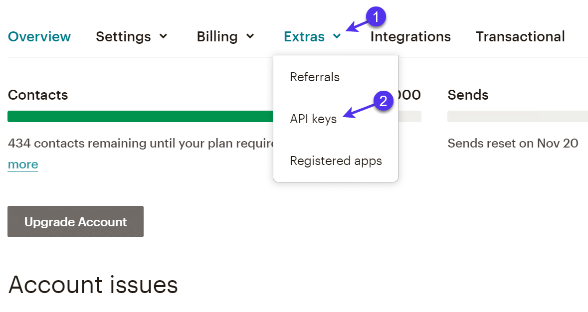 API key tabblad