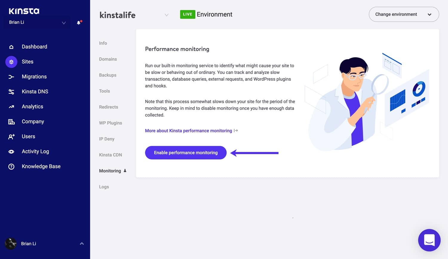 De APM tool in MyKinsta activeren.