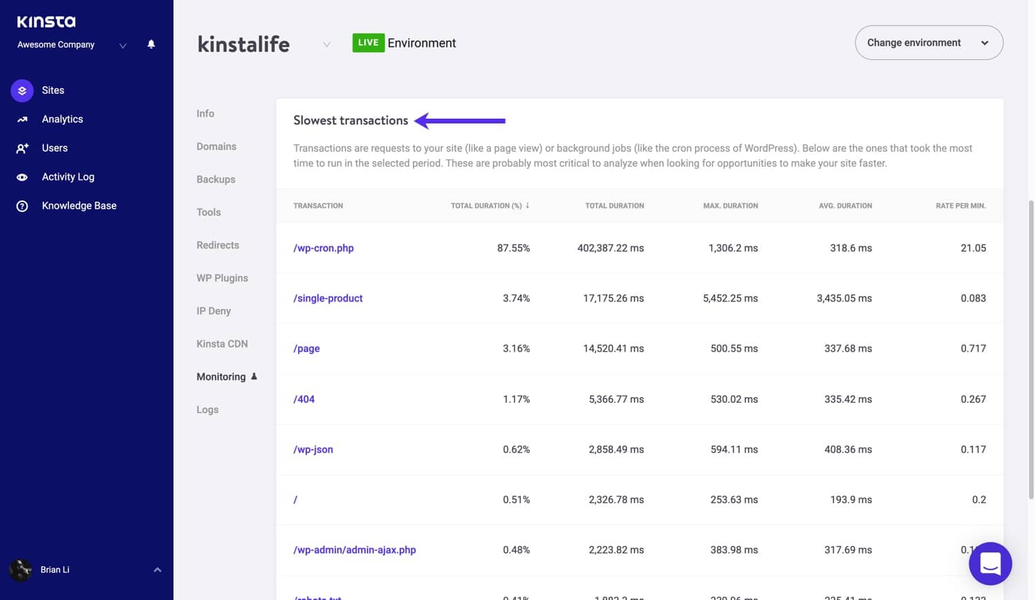 Langzaamste transacties in de Kinsta APM tool.