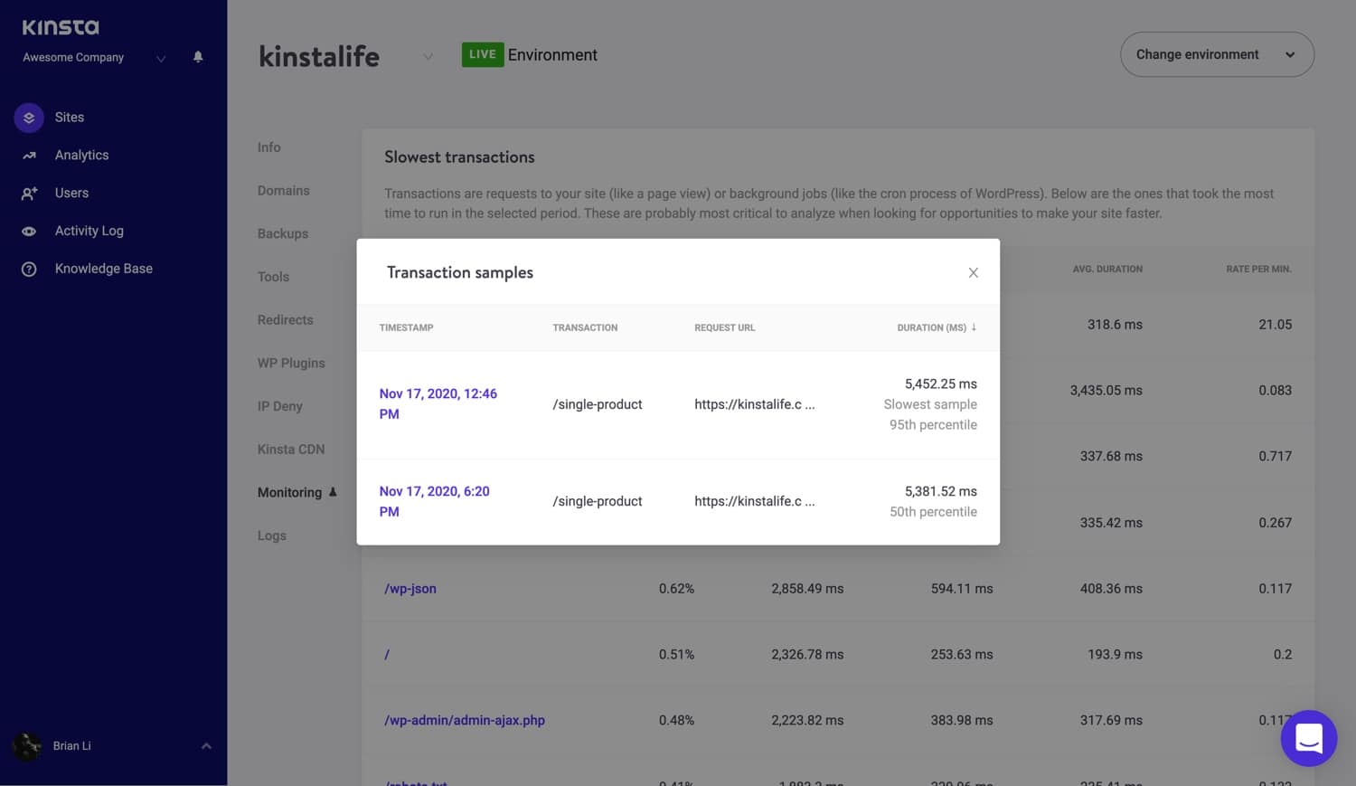 De pop-up met transactievoorbeelden in de Kinsta APM tool.