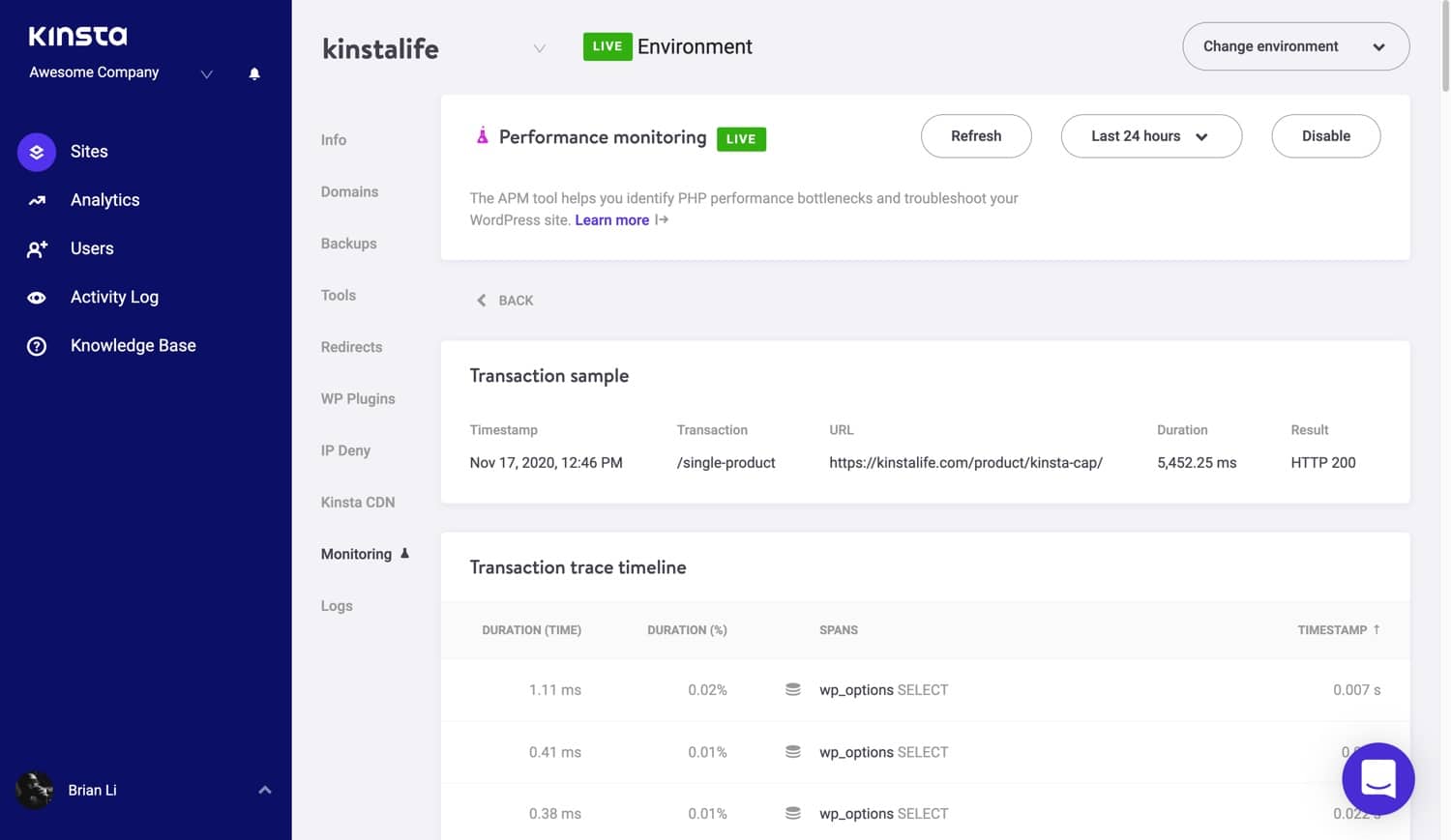 De tijdlijn van de transactie-trace in de Kinsta APM tool.