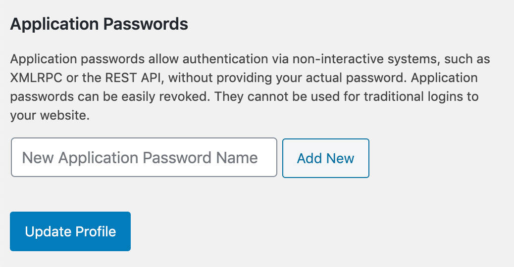 Application Password i skærmbilledet Brugerprofil