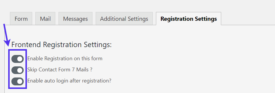 registration settings for WordPress Registration Form