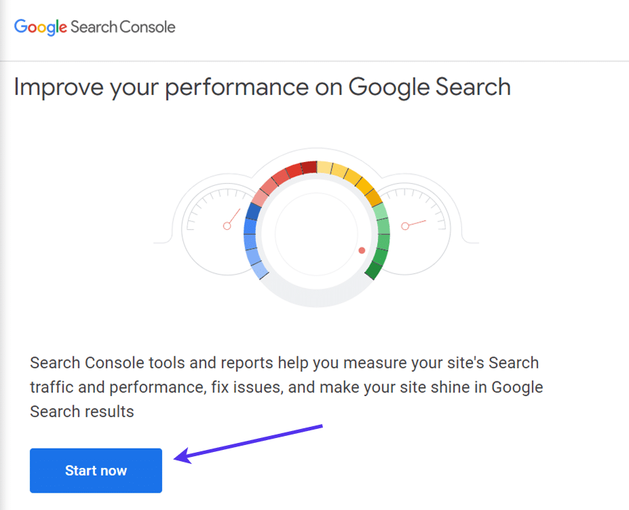 Klik op Start Now in de Google Search Console