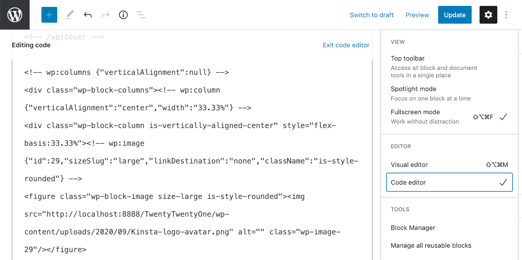 Um bloco de duas colunas no Editor de Código