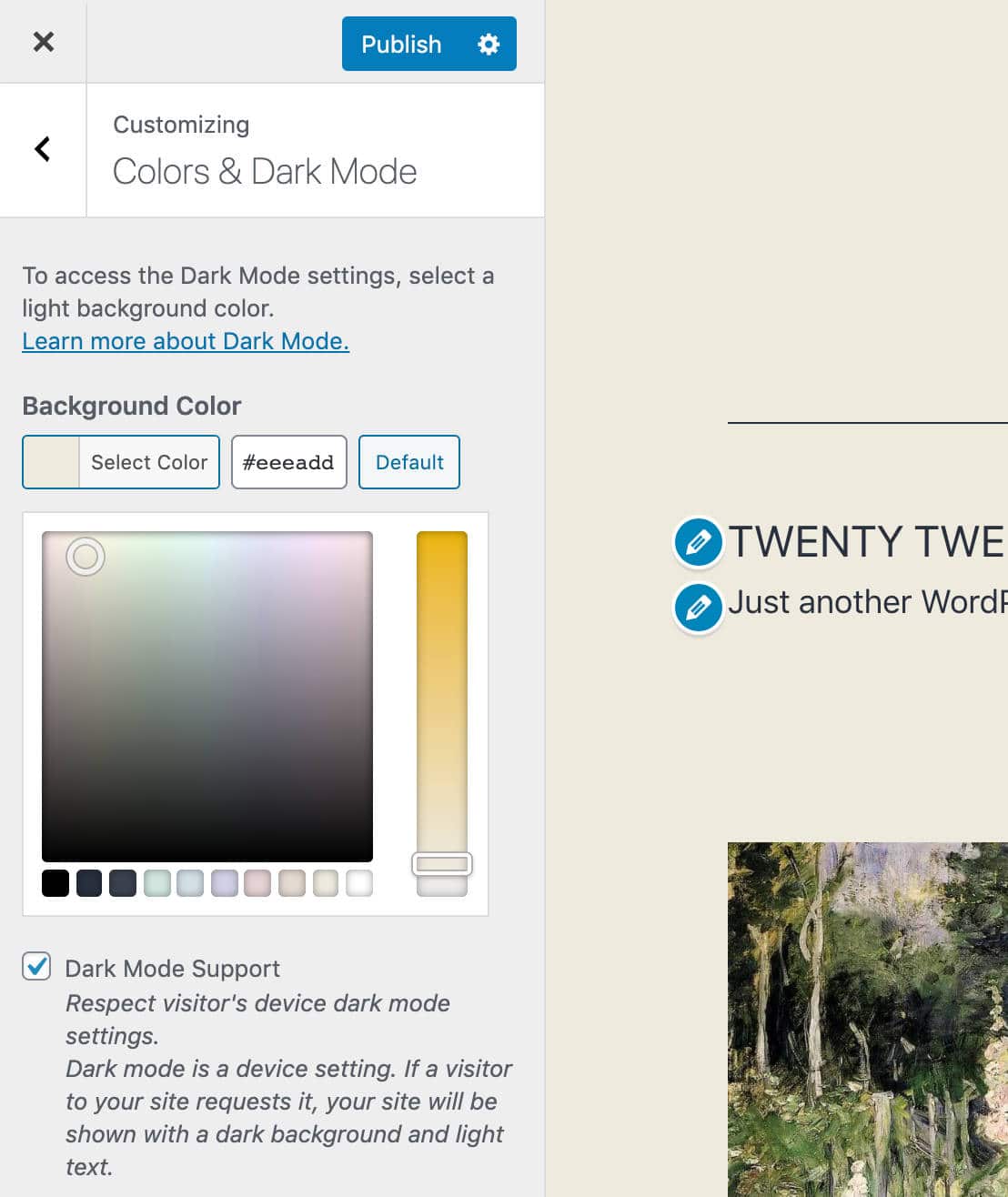 Impostazioni Colors & Dark Mode in Twenty Twenty-One