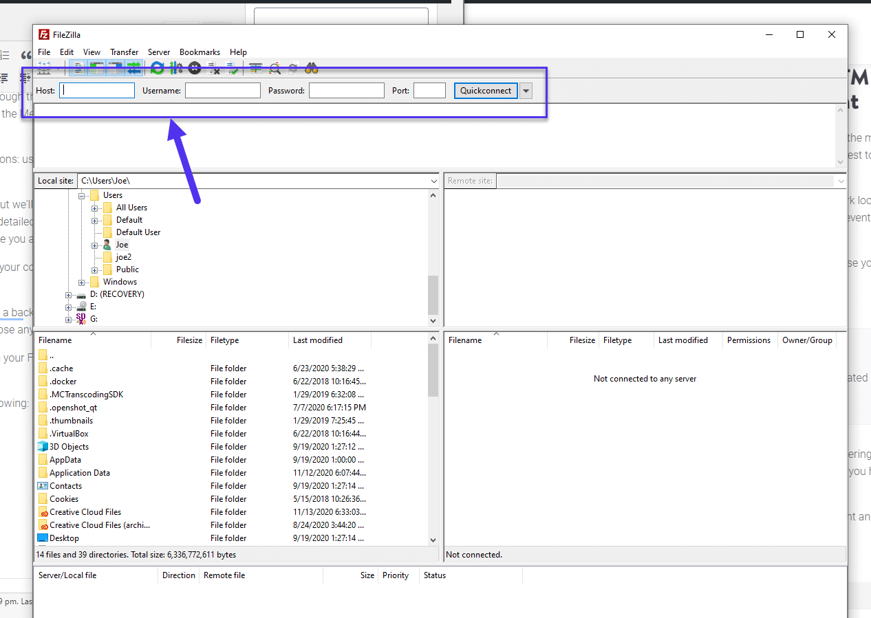 Digite suas credenciais SFTP no Filezilla