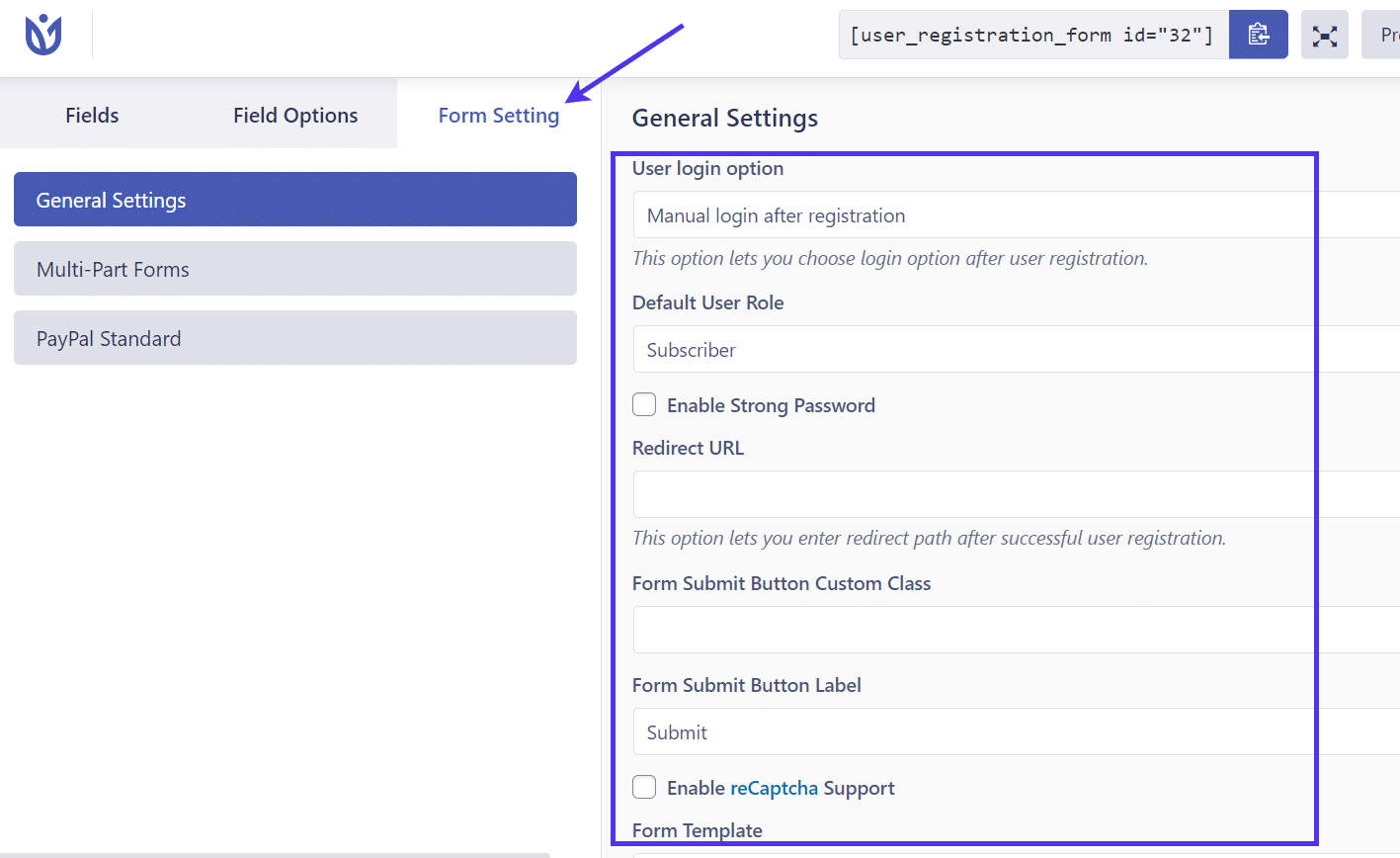 Configurações do formulário