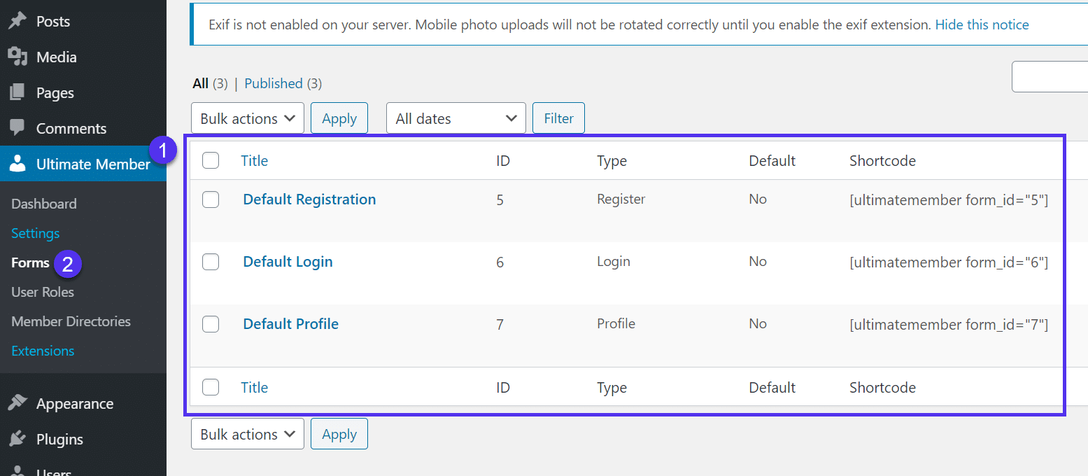 Formulaires par défaut