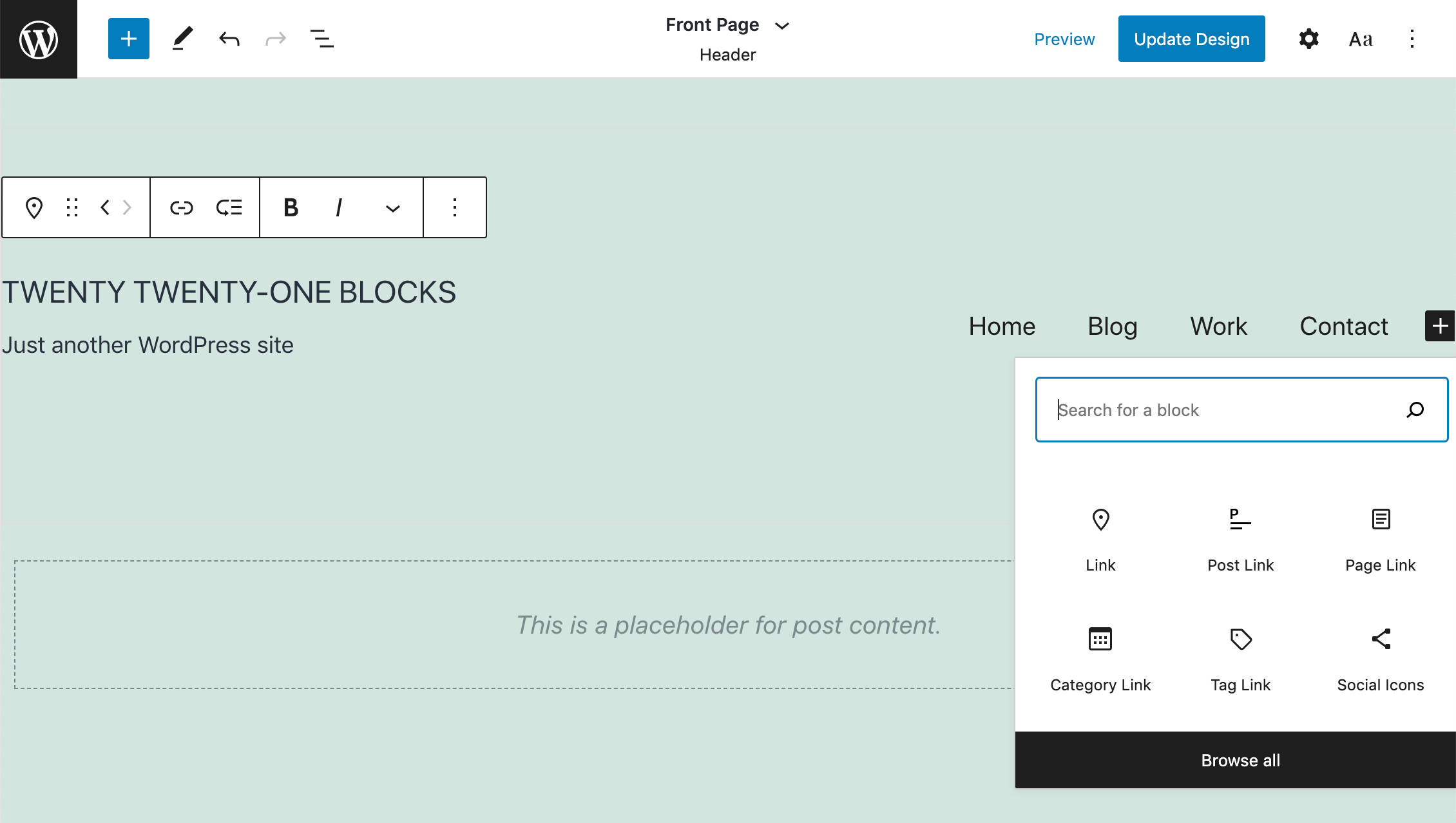 Vollständige Bearbeitung der Webseite in Twenty Twenty-One Blocks