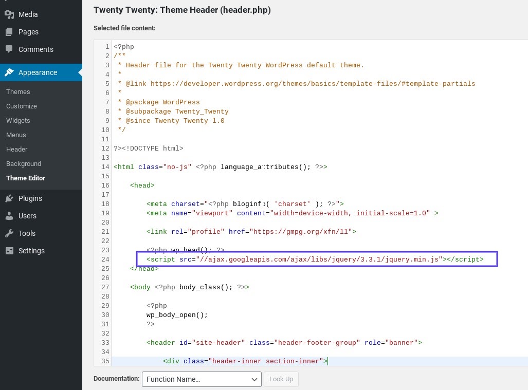 HTTP extern script toegevoegd aan de WordPress header via Theme Editor