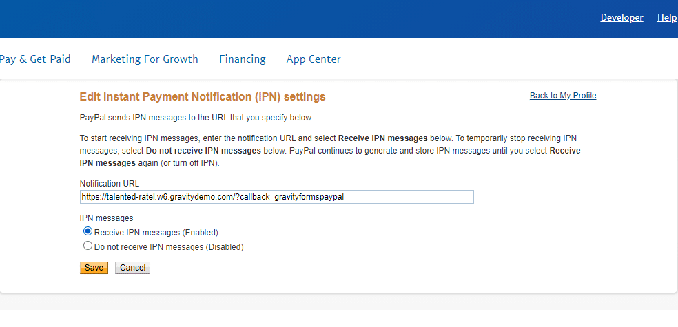 Adicionando sua URL de notificação