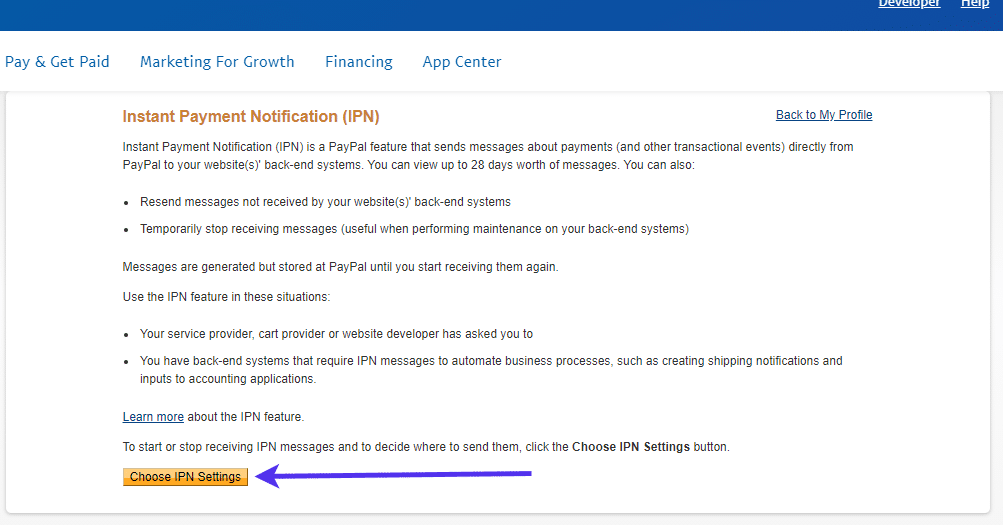 Réglages de notification instantanée de paiement