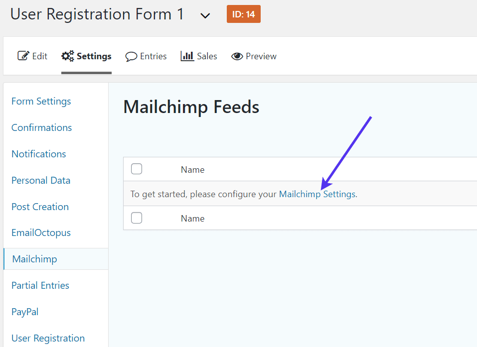 Configurer les réglages de de Mailchimp