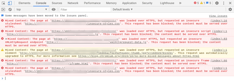 Chrome DevTools contenido mixto en la consola