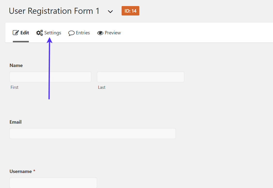 Fliken Inställningar i det anpassade formuläret