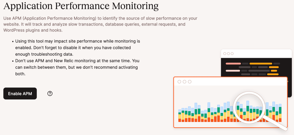 A screenshot of the MyKinsta dashboard showing the APM landing page prior to it being enabled.