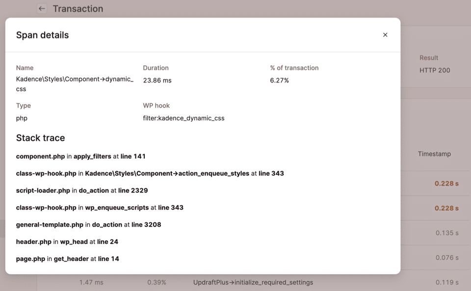 A screenshot showing the span details and stack trace display in MyKinsta.