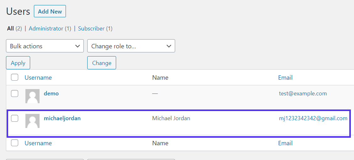 Il nuovo utente registrato