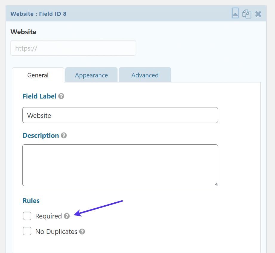 Configurações de campo requeridas vs. não requeridas