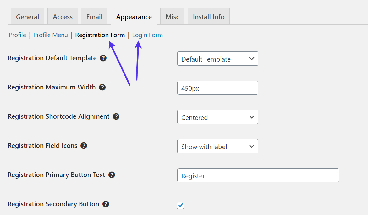 registration form and login settings - WordPress Registration Form