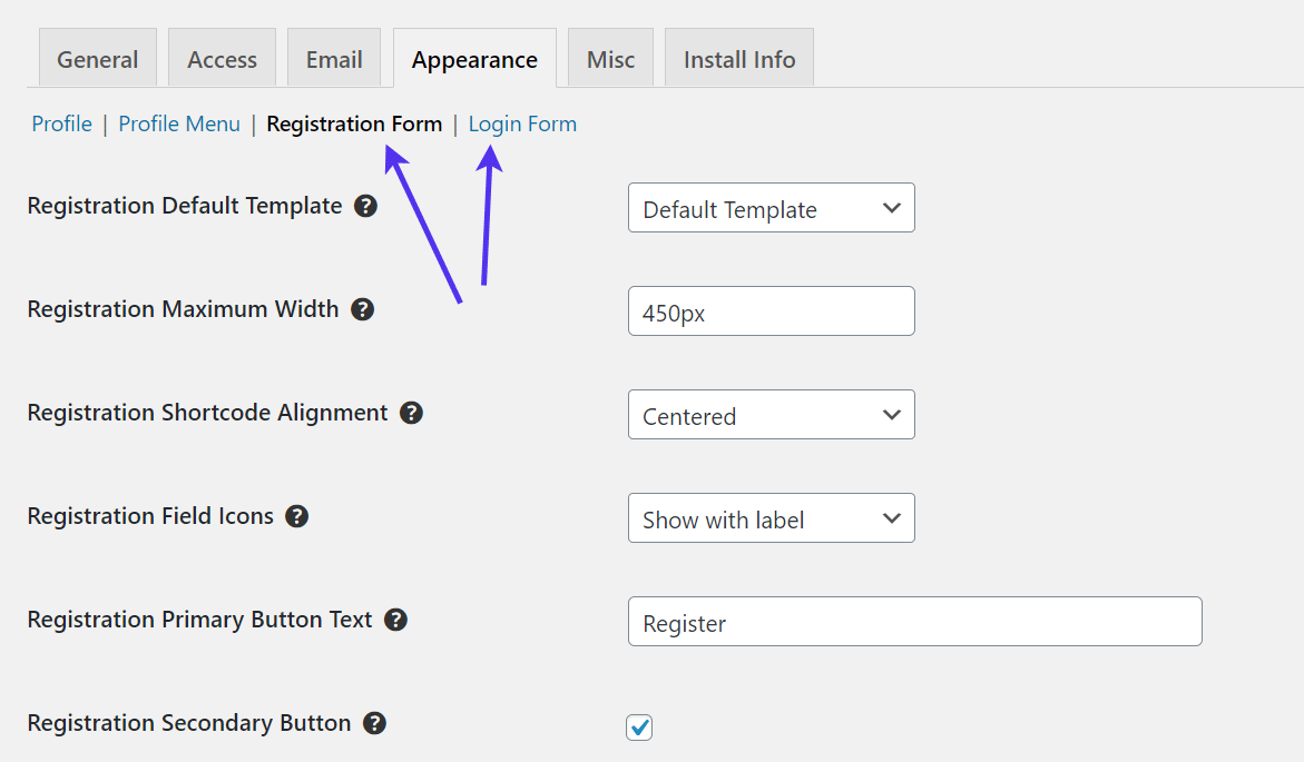 Formulario de registro y configuración de inicio de sesión