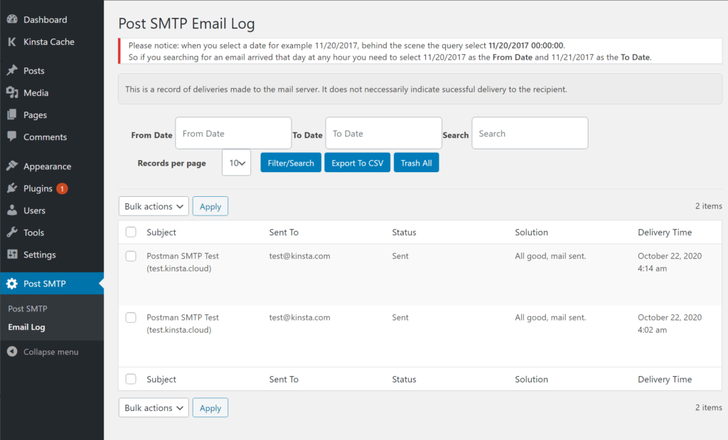 How to view a log of the emails that your site sends