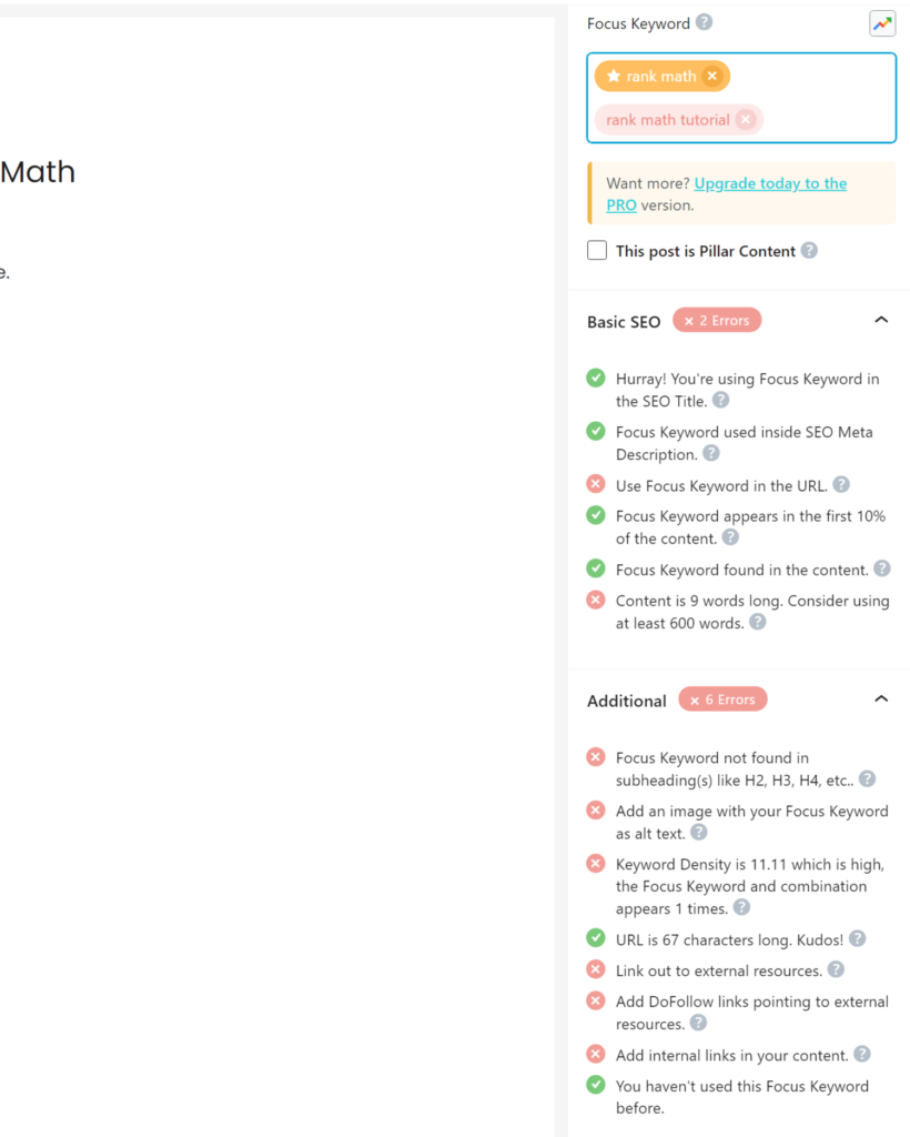 The Rank Math keyword analysis