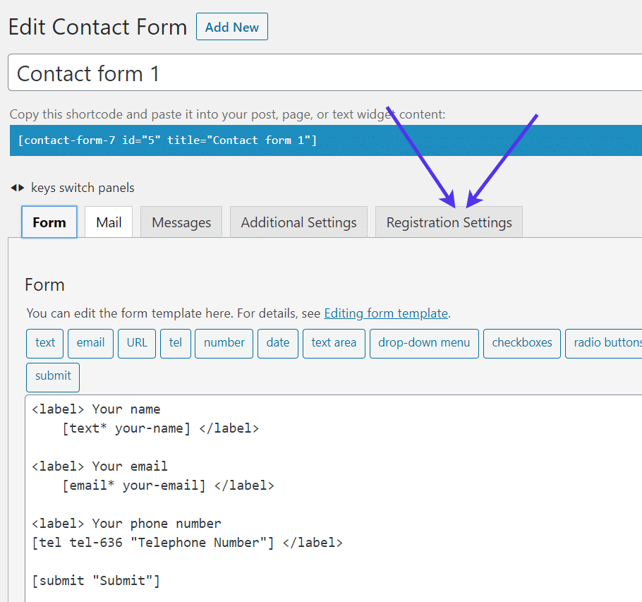 Registerkarte Registrierungseinstellungen