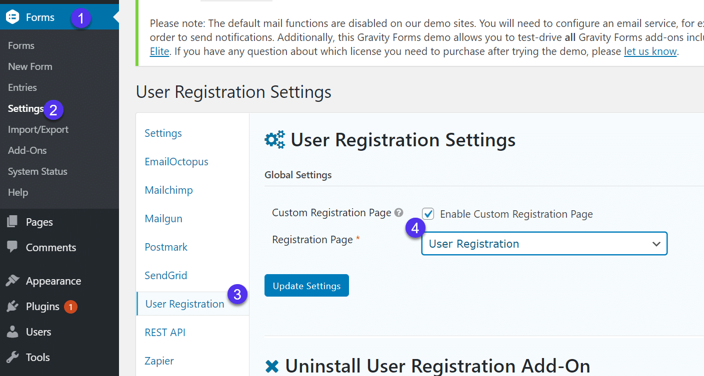 user registration settings