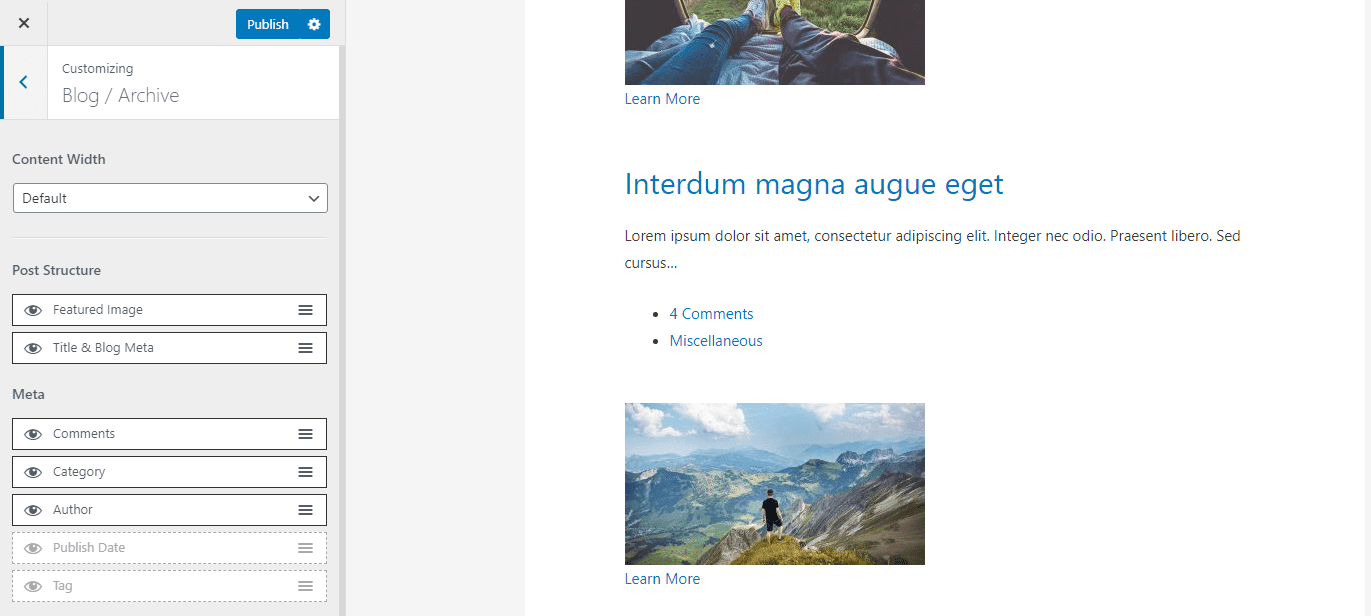 Um einen Abschnitt von der Homepage zu entfernen, klicke auf das Augensymbol