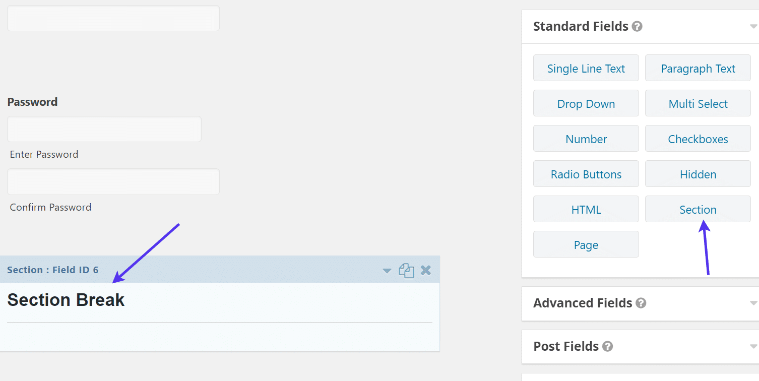 section break for WordPress Registration Form