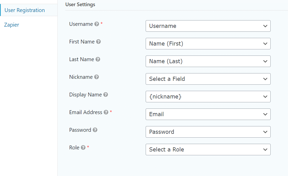 user settings for WordPress Registration Form