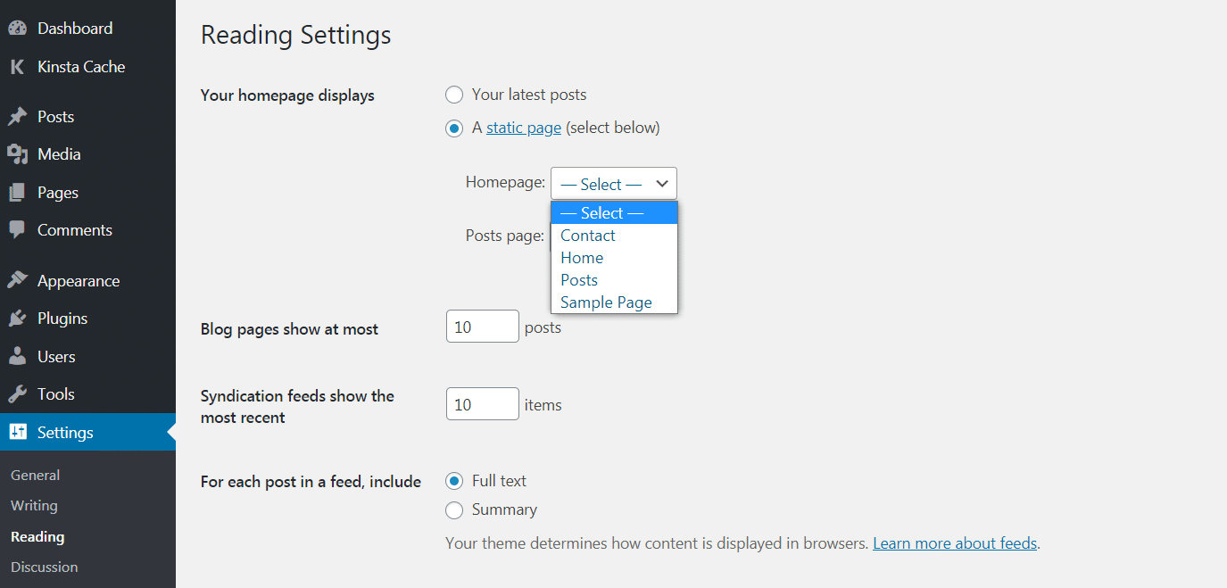 Je vindt de optie voor het instellen van een statische homepage onder de instellingen "Reading"