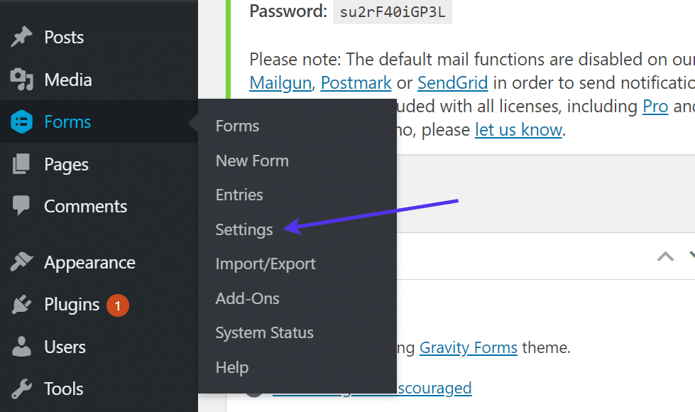 Pestaña de configuración de las Gravity Forms