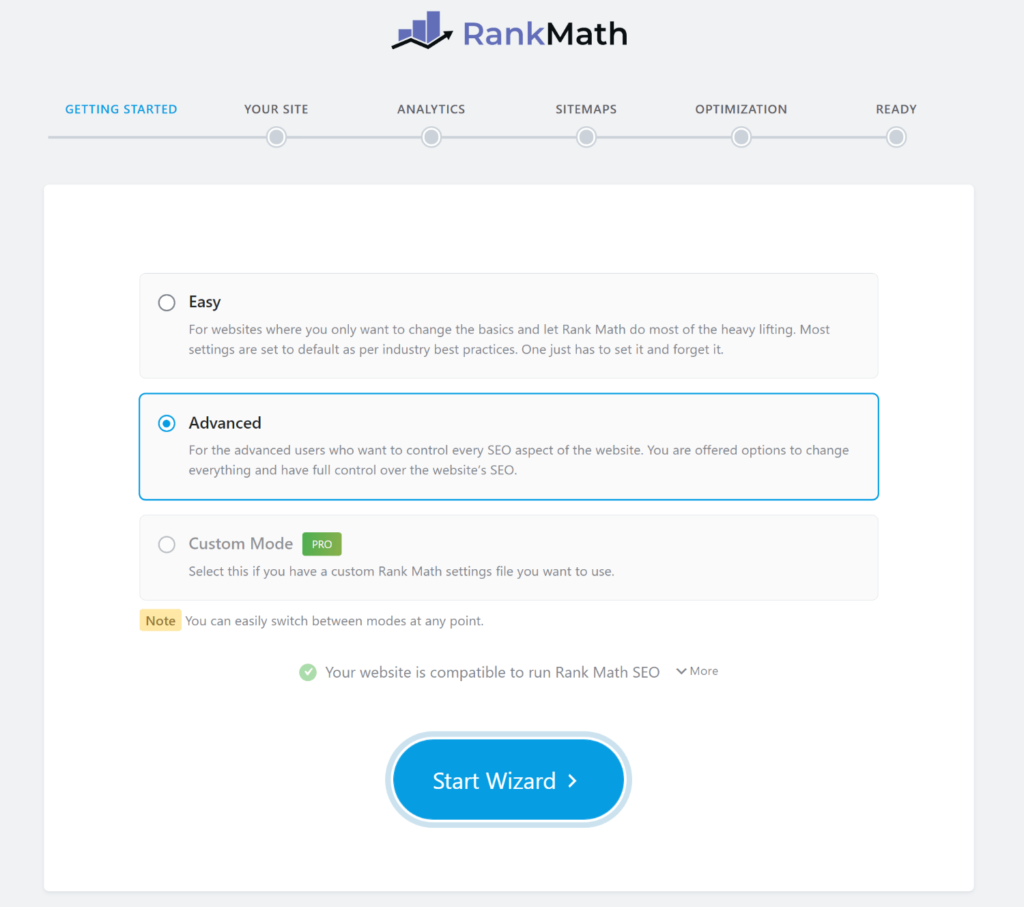 De Rank Math setup wizard