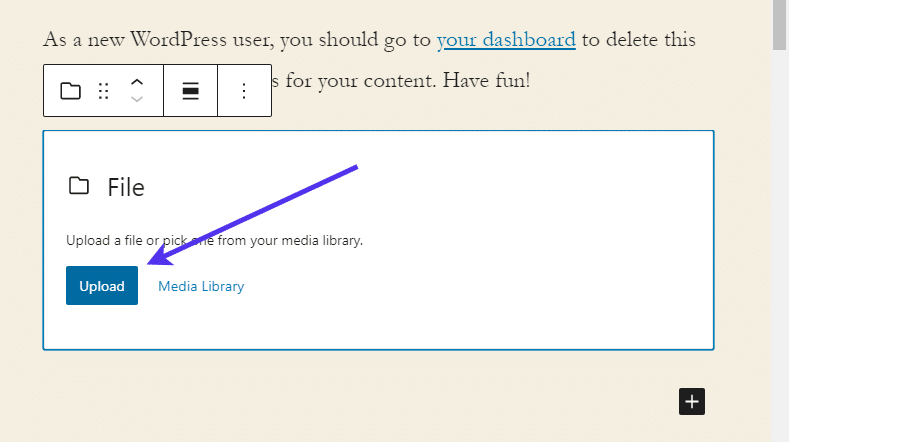 ‘Upload’ knop in het Files blok in WordPress
