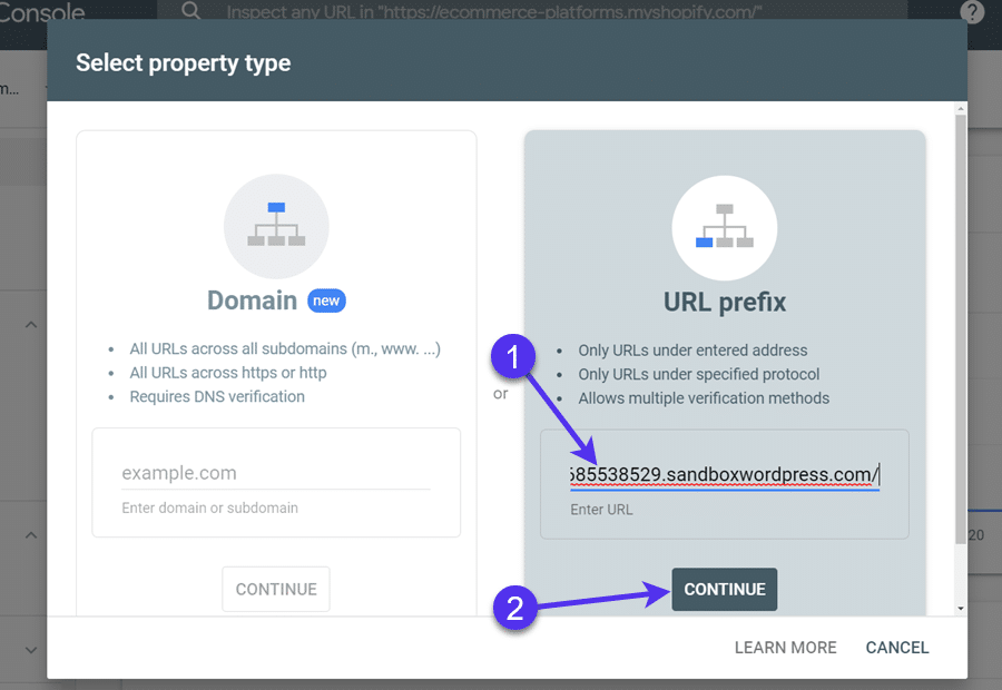 Introducción de la URL del sitio en GSC