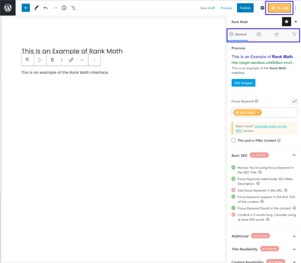 L'interface Rank Math dans l'éditeur de bloc