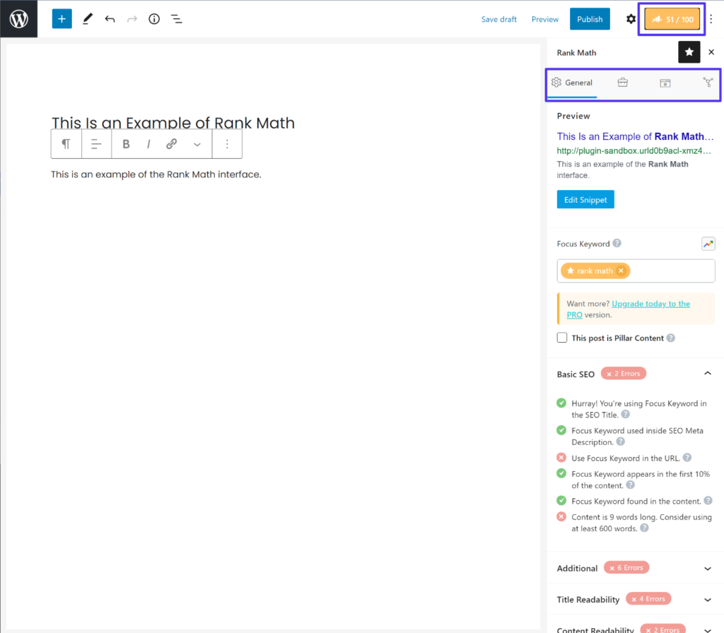 Gränssnittet Rank Math i blockredigeraren