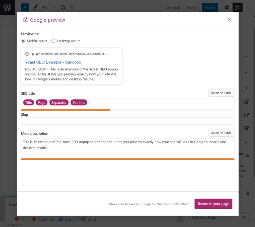 The Yoast SEO snippet editor