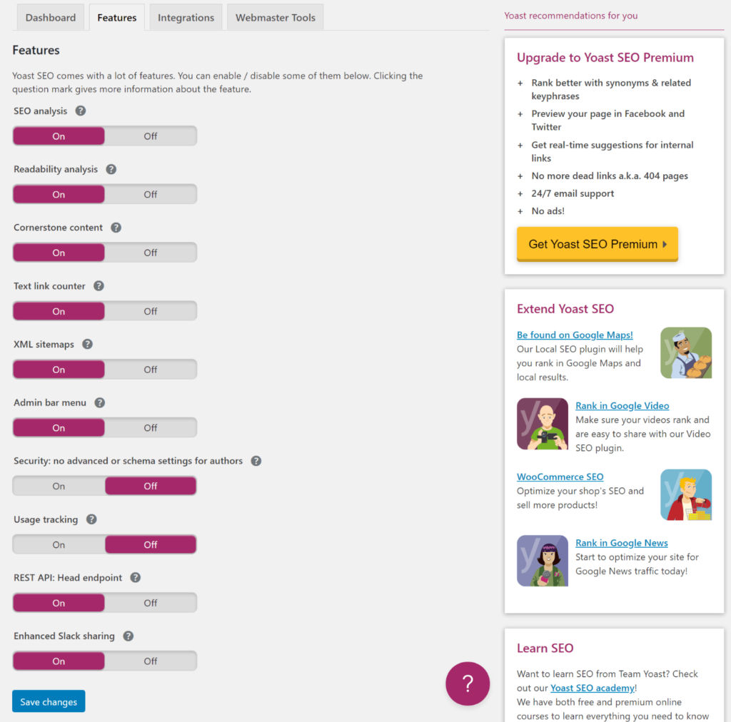 Managing Yoast SEO's features