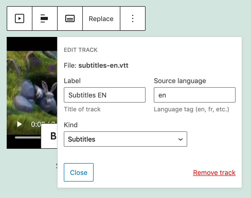 Añadir subtítulos de video en el bloque de video