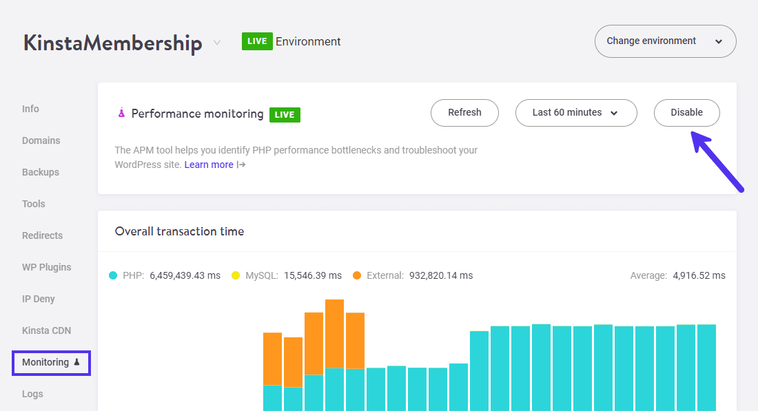 Aktivieren von Kinsta APM im MyKinsta Dashboard