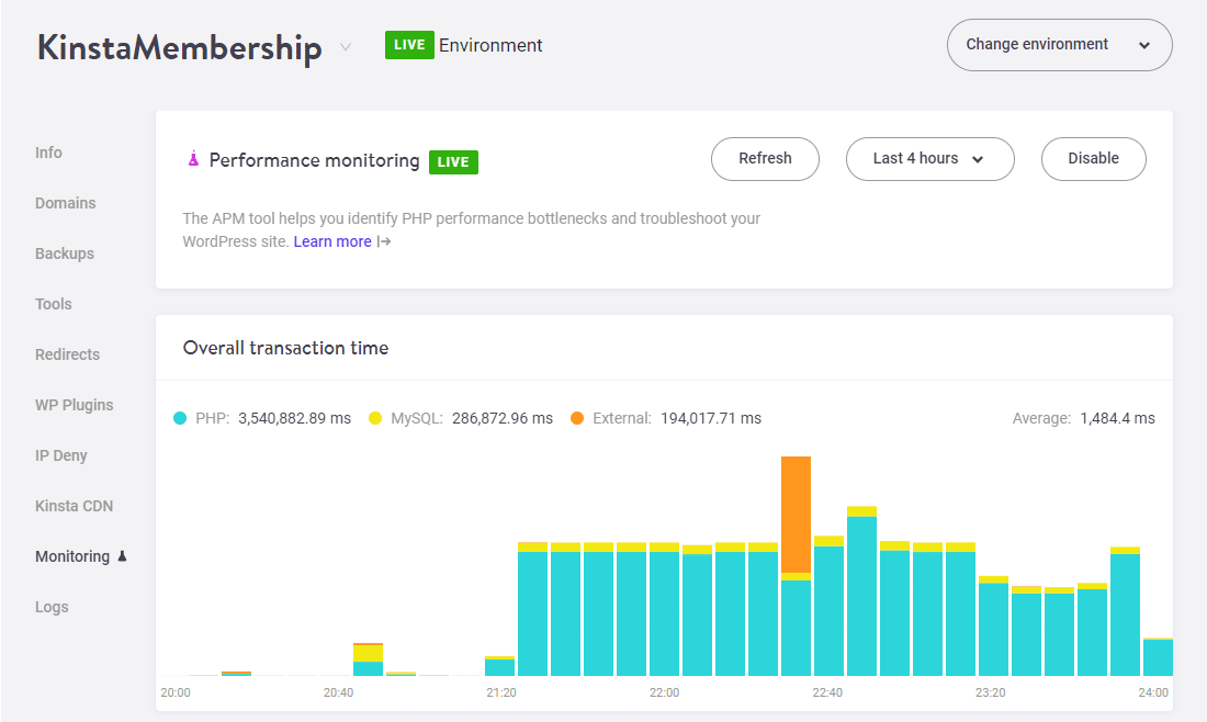 Kinsta APM’s main screen in MyKinsta dashboard