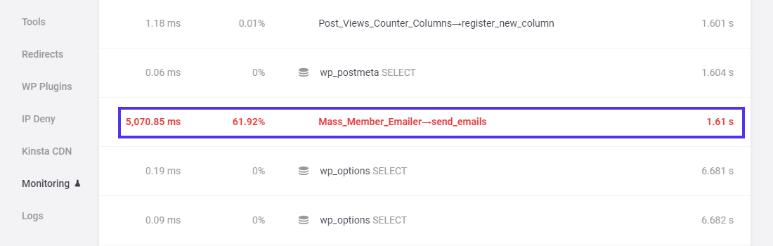 Kinsta APM highlights the most critical spans with red color for quickly fixing membership website speed issues