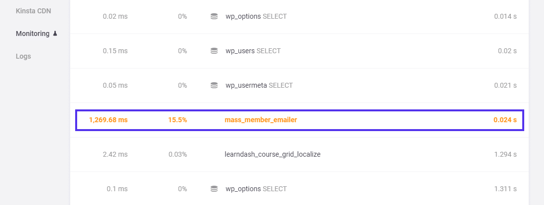 Kinsta APM highlights slow spans